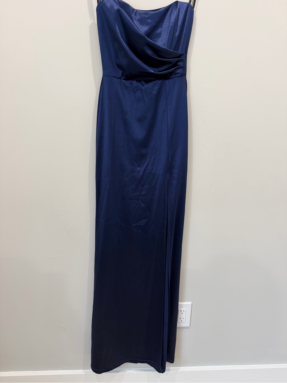 chic Navy Satin Strapless Maxi Dress